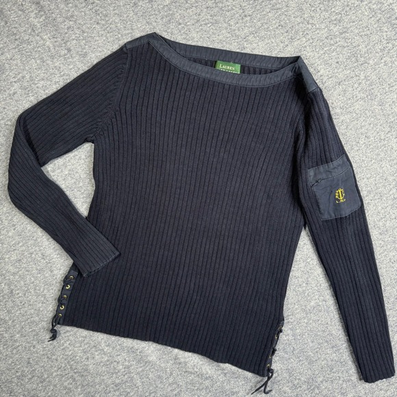 Lauren Ralph Lauren Sweaters - Lauren Ralph Lauren Nautical Blue Knit Top Boatneck Cotton Laced Sleeve Womens M
